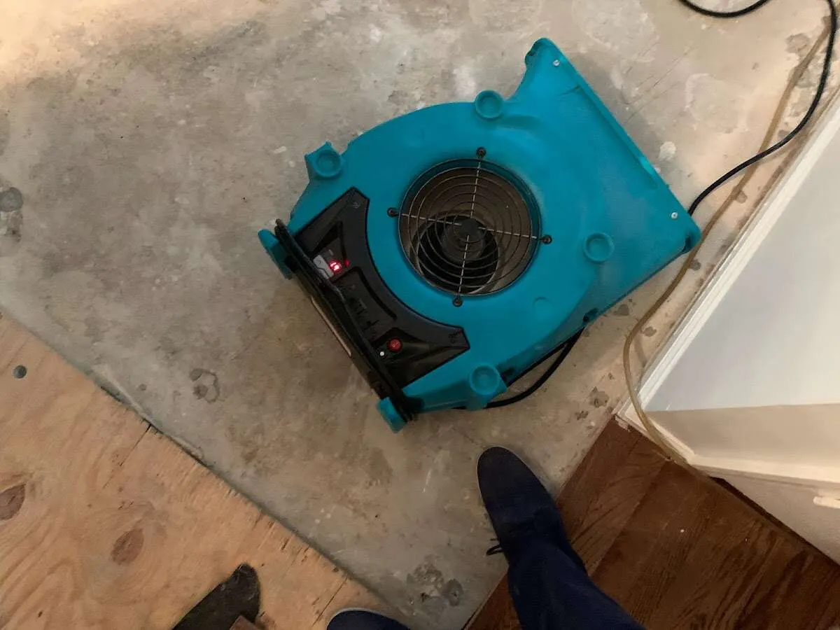 Air mover drying subfloor during Leak Detection & Repair in Bayou Cane